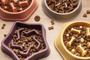 Different shapes of slow feeder bowls with dry food for dogs on wooden surface top view photo