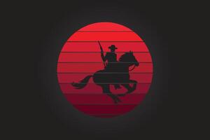 cowboy riding a horse against a massive red emblem vector