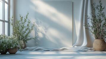 Minimalist interior with empty canvas, plants, and natural light photo