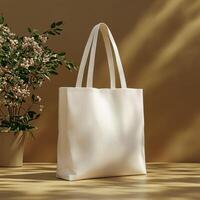 stylish white tote bag displayed against warm background with greenery photo