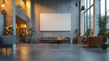 Modern living room with large blank wall and stylish furniture photo