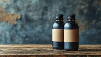 Matte black water bottles with blank labels on wooden table photo