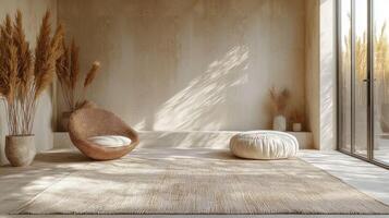 serene minimalist interior featuring cozy chair, soft rug, and natural decor photo