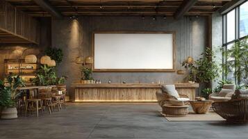 Modern interior design with wooden furniture and plants photo