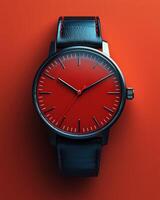 Elegant wristwatch with red dial and black leather strap, showcasing style photo