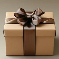 Elegant gift box with brown ribbon on neutral background photo