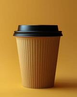 3D rendered paper cup with lid on vibrant yellow background photo