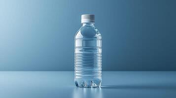 Minimalist transparent plastic bottle filled with clear water on blue background photo