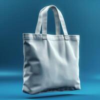 Stylish tote bag mockup on blue background for branding purposes photo