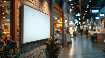 Blank white banner mockup hanging in store, showcasing modern interior photo