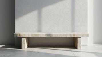 Modern stone bench against textured wall, showcasing minimalist design photo