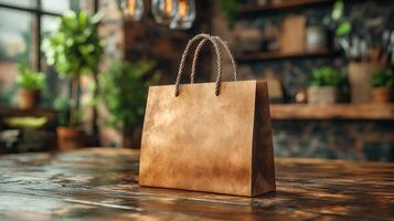 Customizable paper shopping bag on wooden table in cozy setting photo