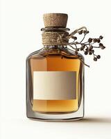 Elegant glass perfume bottle with customizable label and natural cork photo