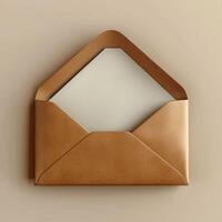 Elegant brown envelope with open flap, showcasing blank interior photo