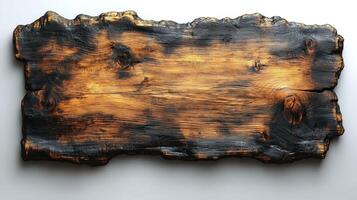 Burnt wooden signboard with textured surface and natural edges photo