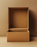 Empty cardboard box with clean design and warm background photo