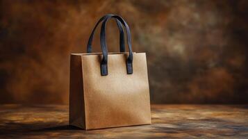 Customizable paper shopping bag with black handles on textured background photo