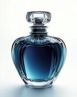 Elegant glass perfume bottle with deep blue liquid inside, showcasing beauty and sophistication photo