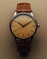 Elegant wristwatch with blank dial and brown leather strap photo