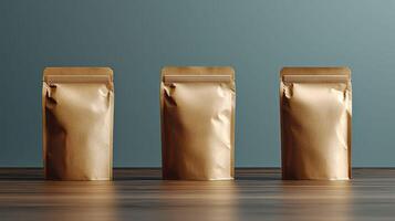 Sleek gold packaging bags arranged on wooden surface, ideal for products photo