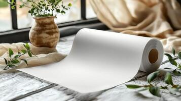 Blank paper roll on wooden table with greenery and soft fabric photo