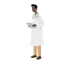 Cartoon African American doctor full length in white coat and with stethoscope, medical history in hands, flat style, isolate on white vector