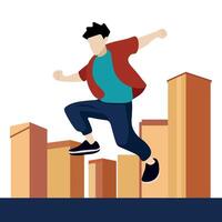 Cartoon guy frozen in a jump against the background of urban development, parkour, healthy sports lifestyle, flat style, isolate on white vector