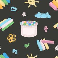 Chalk seamless pattern on dark background. Hand drawn childish crayon drawings vector