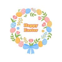 Decorative Easter wreath adorned with colorful Easter eggs, pink tulips, green leaves, and small flowers. vector