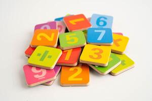 Number wood block cubes for learning Mathematic, photo