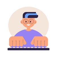 Young man working or studing by keyboard. Programmer teenager coding. Flat illustration on white vector