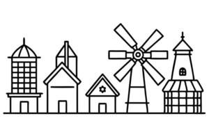 A line drawing of a windmill and a house vector