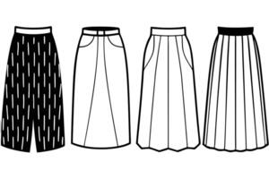 Four different skirts are shown in black and white vector