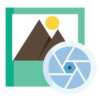A camera with a lens and a mountain in the background vector
