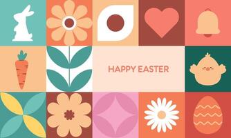 Trendy Minimalist Modern Colorful Easter Geometric Pattern with Easter Icons Flat Illustration. Design for Wrapping Paper, Background, Poster, Card, Packaging, Wallpaper, and Many More. vector