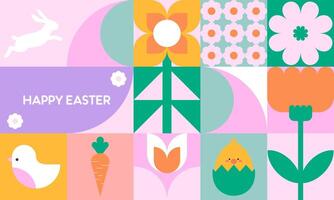 Trendy Minimalist Pastel Colorful Easter Geometric Pattern with Easter Icons Flat Illustration. Design for Wrapping Paper, Background, Poster, Card, Packaging, Wallpaper, and Many More. vector