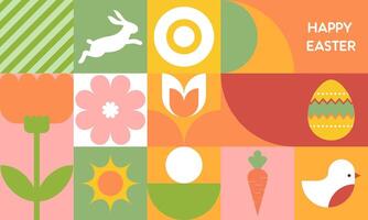 Trendy Minimalist Abstract Colorful Easter Geometric Pattern with Easter Icons Flat Illustration. Design for Wrapping Paper, Background, Poster, Card, Packaging, Wallpaper, and Many More. vector