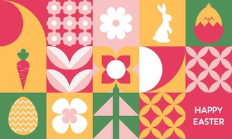 Trendy Modern Colorful Easter Geometric Pattern with Easter Icons Flat Illustration. Design for Wrapping Paper, Background, Poster, Card, Packaging, Wallpaper, and Many More. vector