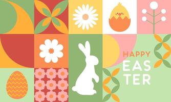 Trendy Minimalist Colorful Easter Geometric Pattern with Easter Icons Flat Illustration. Design for Wrapping Paper, Background, Poster, Card, Packaging, Wallpaper, and Many More. vector