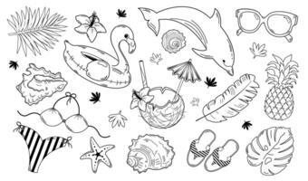 Images of summer symbols in the contours. Flamingo, dolphin, shells, tropical leaves, pineapple, coconut, starfish. Sketch, outline in black and white on a white background. vector