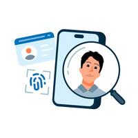 flat illustration of identity verification process with ID card, biometric data fingerprint, smartphone, and a user photo, symbolizing secure digital authentication. for fintech, cybersecurity, KYC vector
