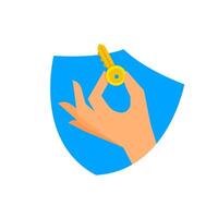 Flat illustration of a shield with a hand finger holding a key, symbolizing Full Control over account security. Perfect for cybersecurity, data protection, and online privacy concepts vector