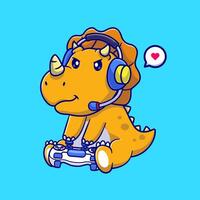 Cute Dinosaur Playing Game With Controller And Headphone Cartoon Illustration vector