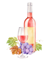 Realistic watercolor illustration of a bottle and a glass of rose wine. Hand drawn alcoholic drink and purple grapes lie on the table. Design element for bar and restaurant menu, tasting. png