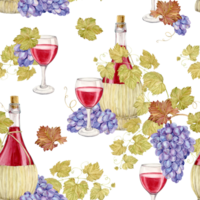 Seamless watercolor pattern. Red wine bottles in a wicker basket and purple grapes. Illustration of a jug woven from a straw rod and a glass of red wine. Background for the design of a wine list. png