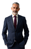 Portrait of man in a suit and tie standing with his hands on his hips png