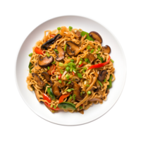 chinese noodles with mushrooms and peppers on a plate png