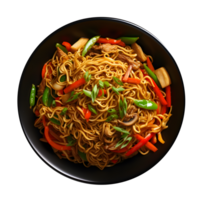 chinese noodles in a black bowl on a transparent background png