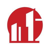 a red and white logo with a building vector