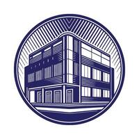 a building in a circle with a blue background vector